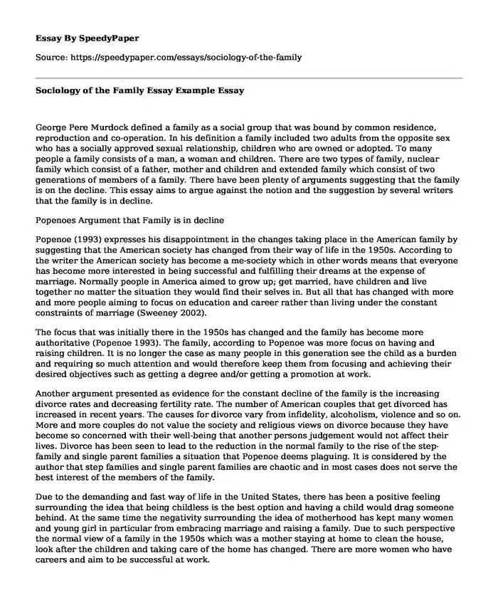 Sociology of the Family Essay Example