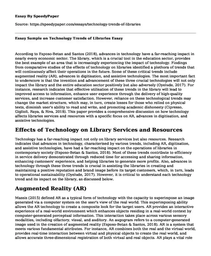 Essay Sample on Technology Trends of Libraries