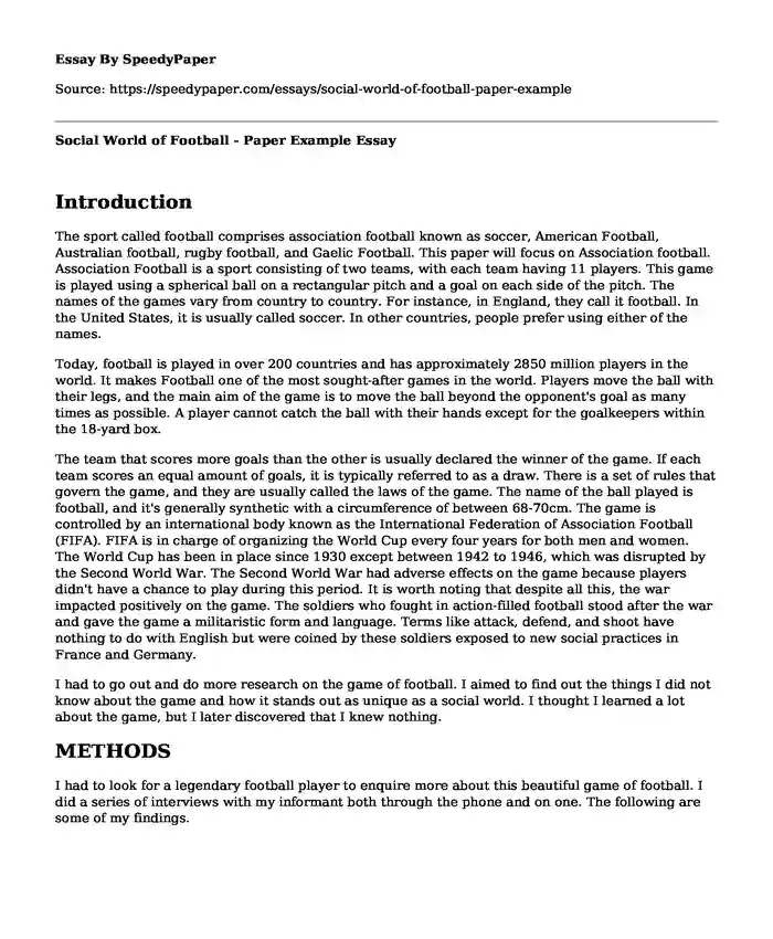 Social World of Football - Paper Example