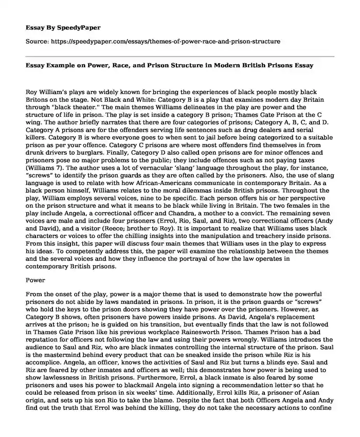 Essay Example on Power, Race, and Prison Structure in Modern British Prisons