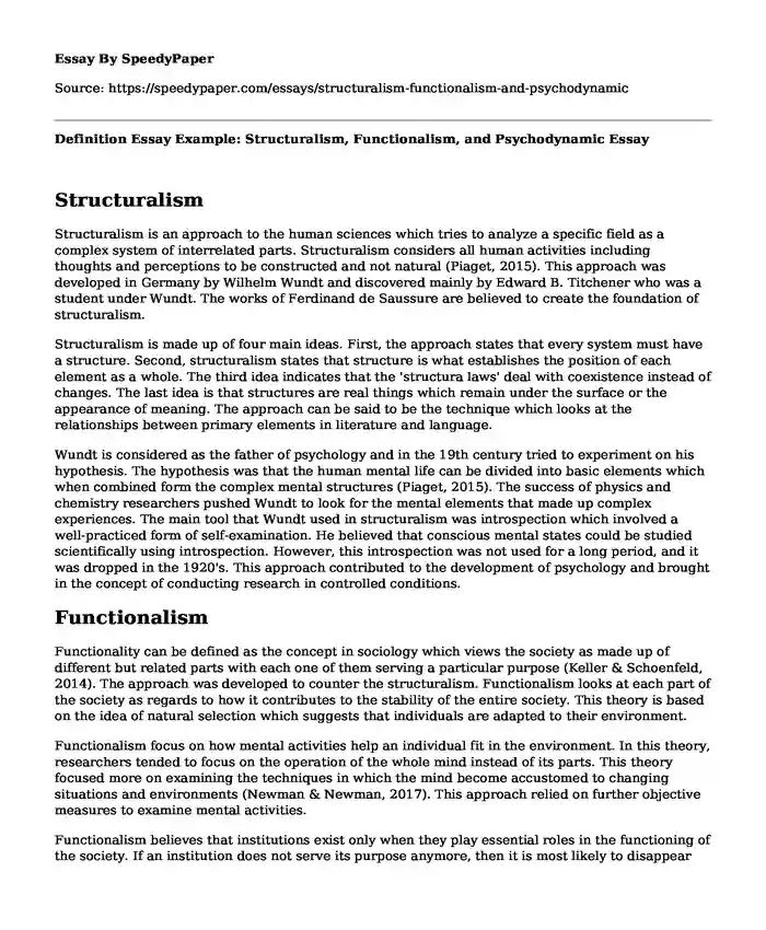 Definition Essay Example: Structuralism, Functionalism, and Psychodynamic