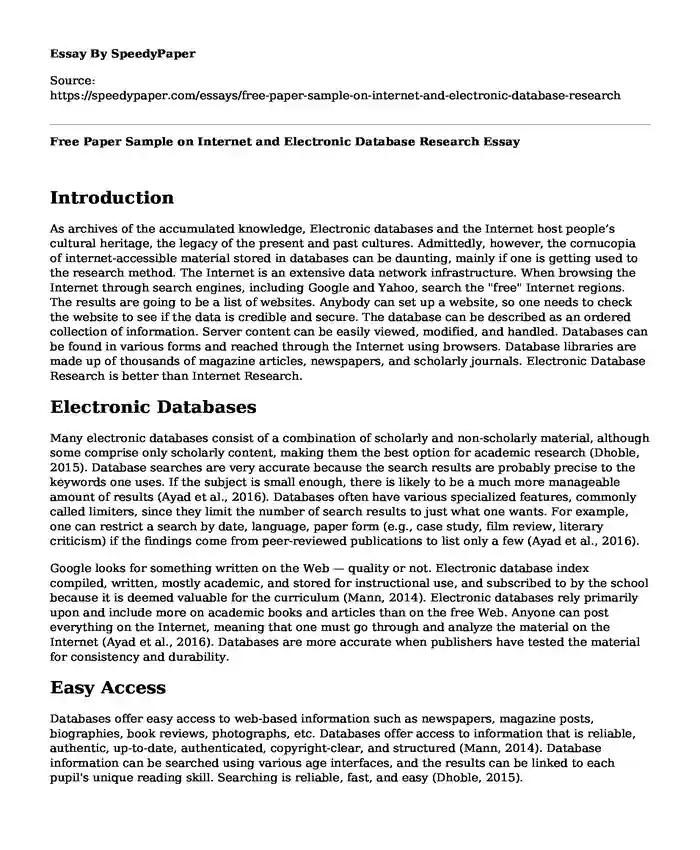 Free Paper Sample on Internet and Electronic Database Research