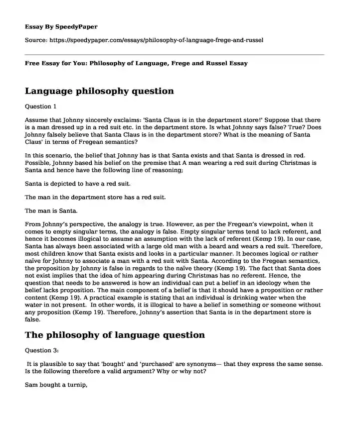 Free Essay for You: Philosophy of Language, Frege and Russel