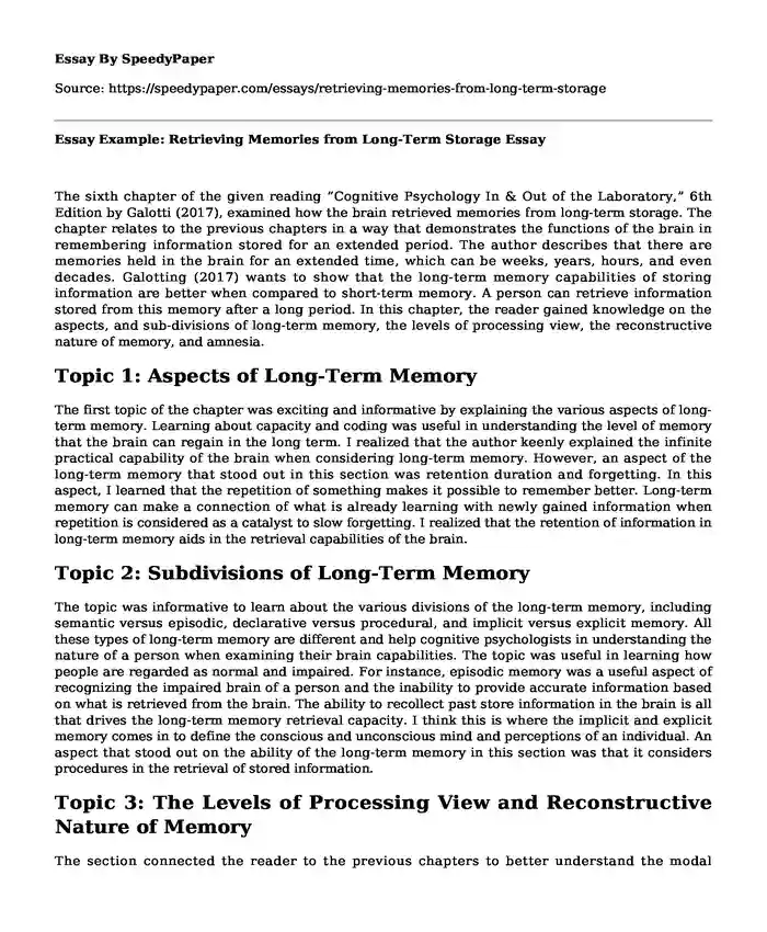 Essay Example: Retrieving Memories from Long-Term Storage