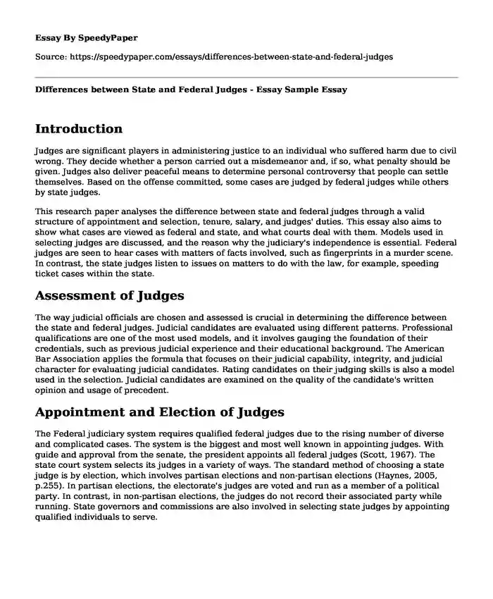 Differences between State and Federal Judges - Essay Sample