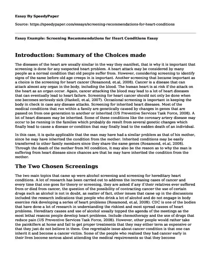 Essay Example: Screening Recommendations for Heart Conditions