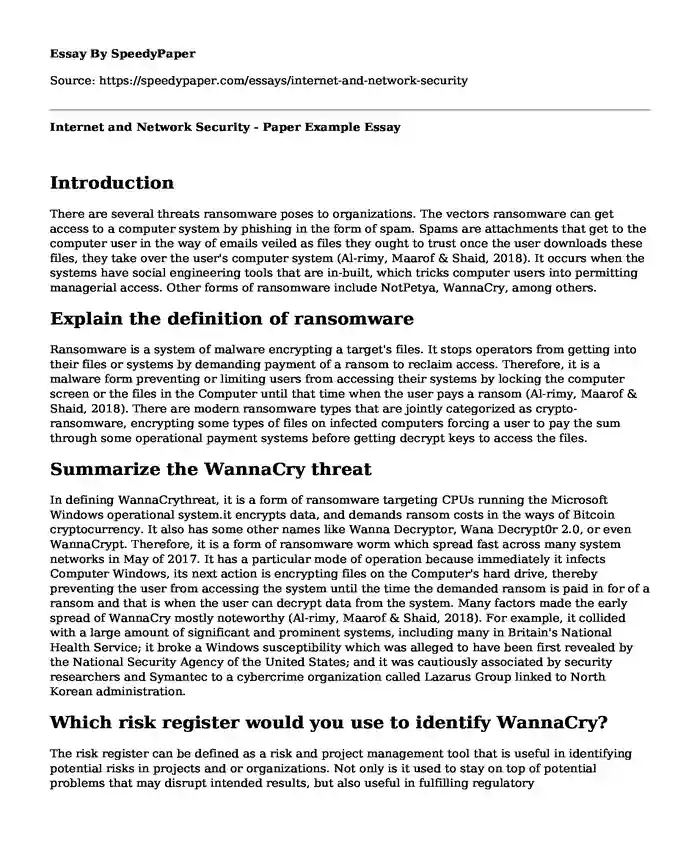 Internet and Network Security - Paper Example