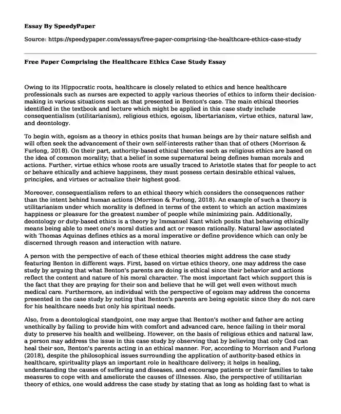 Free Paper Comprising the Healthcare Ethics Case Study