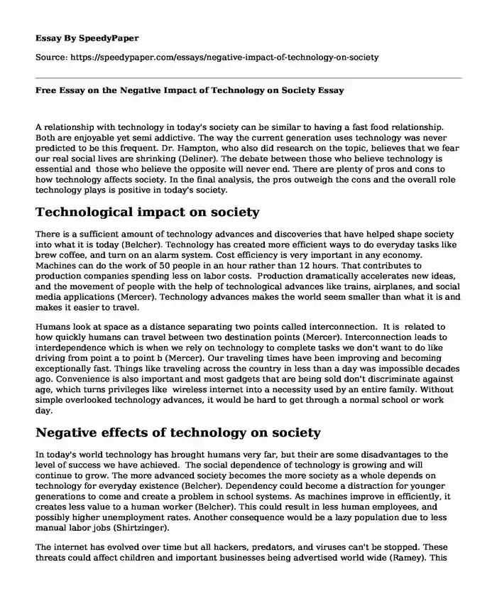 Free Essay on the Negative Impact of Technology on Society