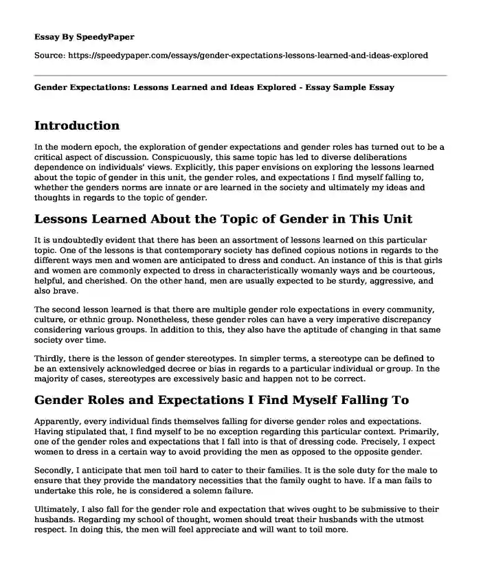 Gender Expectations: Lessons Learned and Ideas Explored - Essay Sample