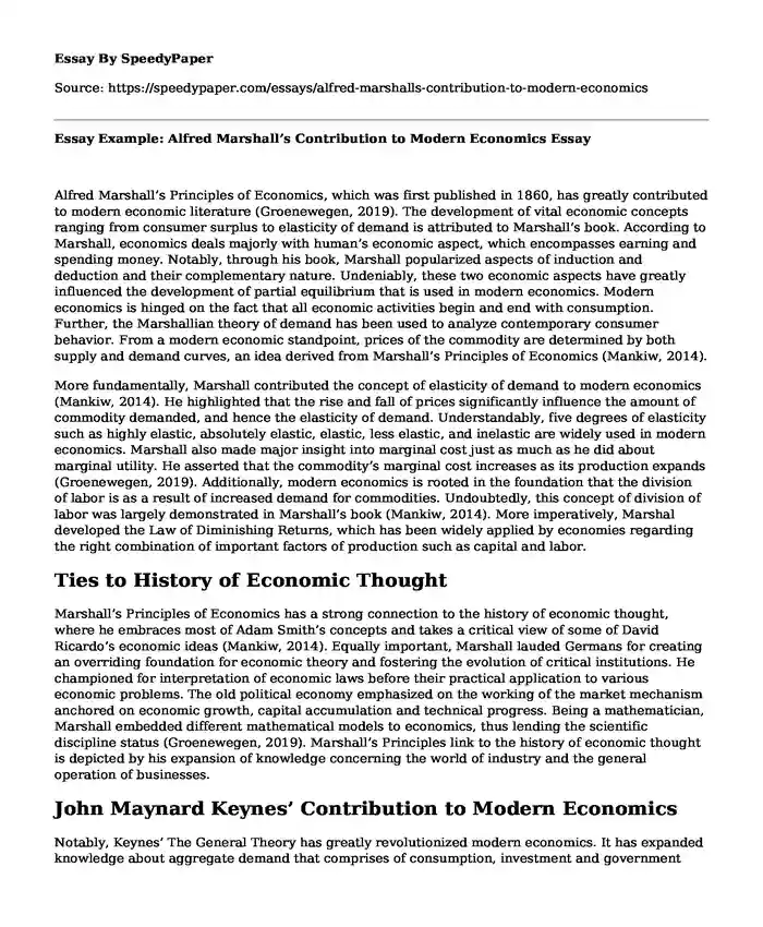 Essay Example: Alfred Marshall's Contribution to Modern Economics