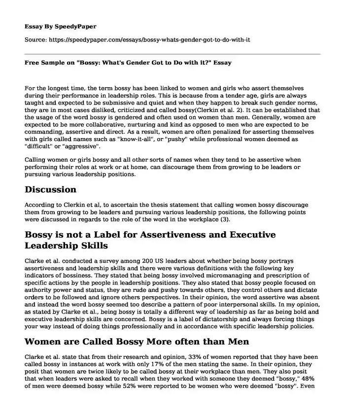 Free Sample on "Bossy: What's Gender Got to Do with it?"