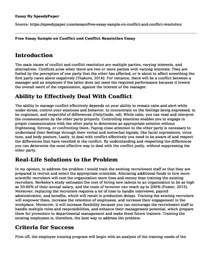 Free Essay Sample on Conflict and Conflict Resolution