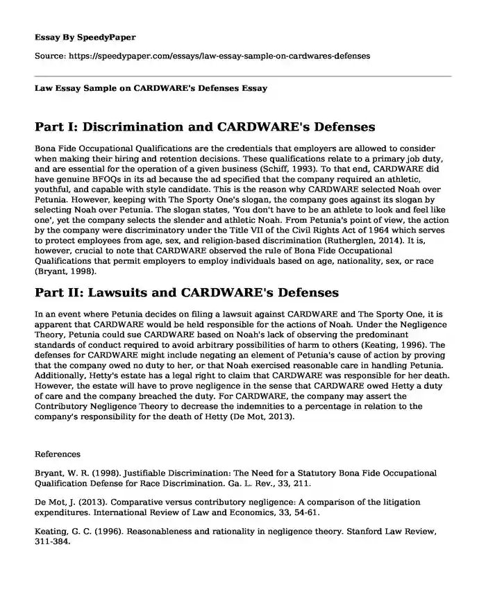 Law Essay Sample on CARDWARE's Defenses