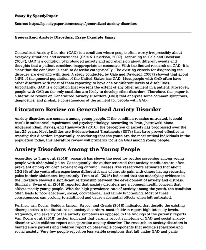 Generalized Anxiety Disorders. Essay Example