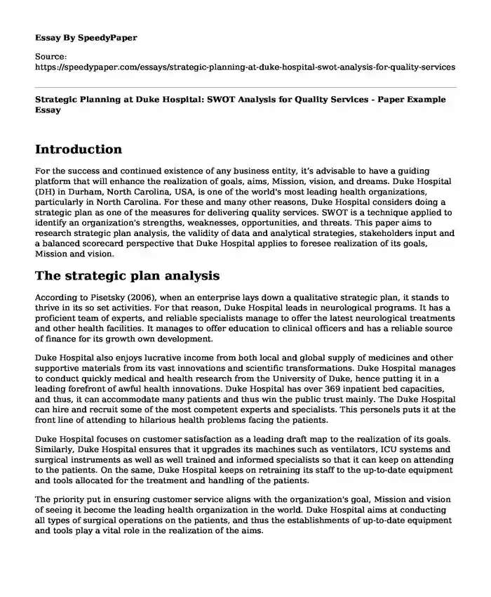 Strategic Planning at Duke Hospital: SWOT Analysis for Quality Services - Paper Example