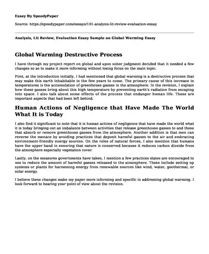 Analysis, Lit Review, Evaluation Essay Sample on Global Warming