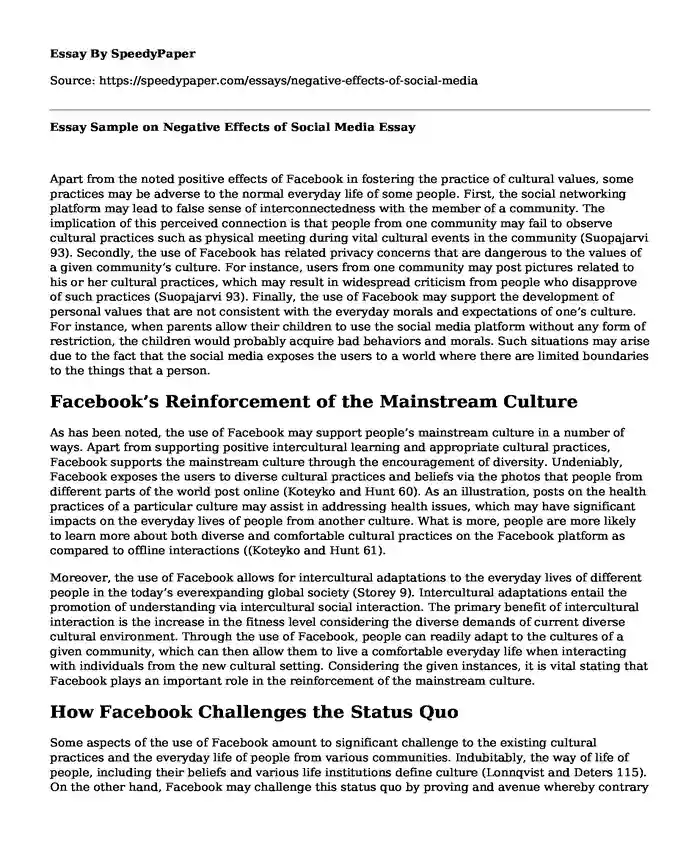 Essay Sample on Negative Effects of Social Media