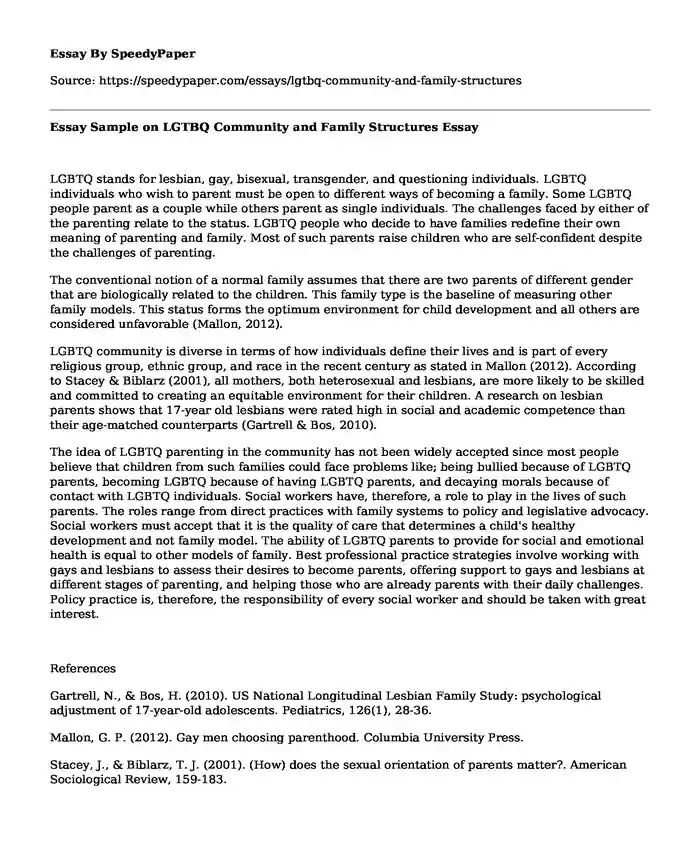 Essay Sample on LGTBQ Community and Family Structures