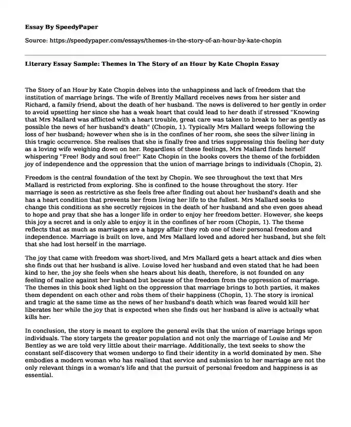 Literary Essay Sample: Themes in The Story of an Hour by Kate Chopin