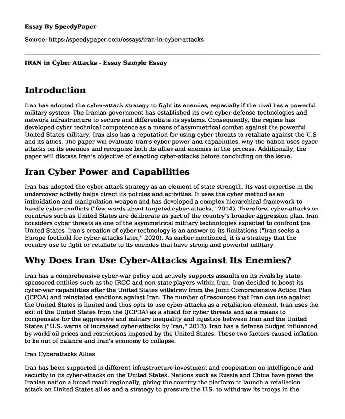 IRAN in Cyber Attacks - Essay Sample