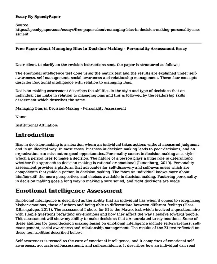 Free Paper about Managing Bias in Decision-Making - Personality Assessment