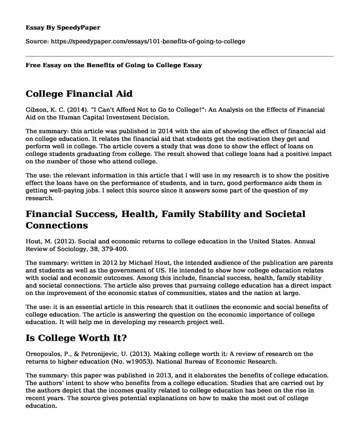Free Essay on the Benefits of Going to College