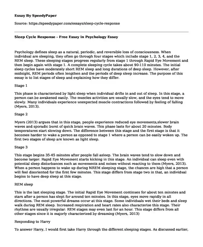 Sleep Cycle Response - Free Essay in Psychology