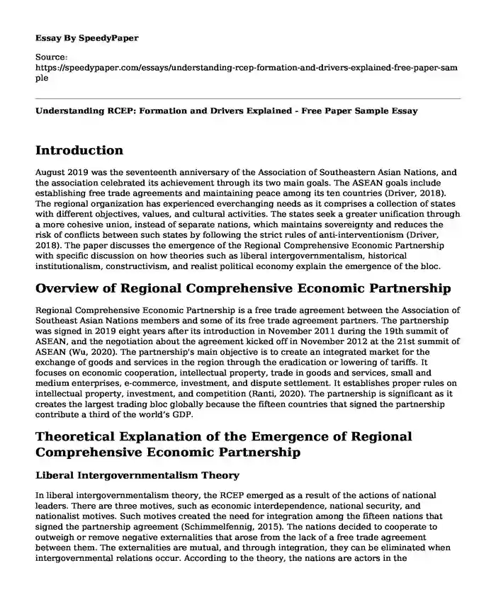 Understanding RCEP: Formation and Drivers Explained - Free Paper Sample