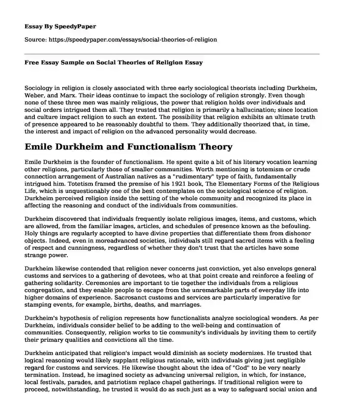 Free Essay Sample on Social Theories of Religion