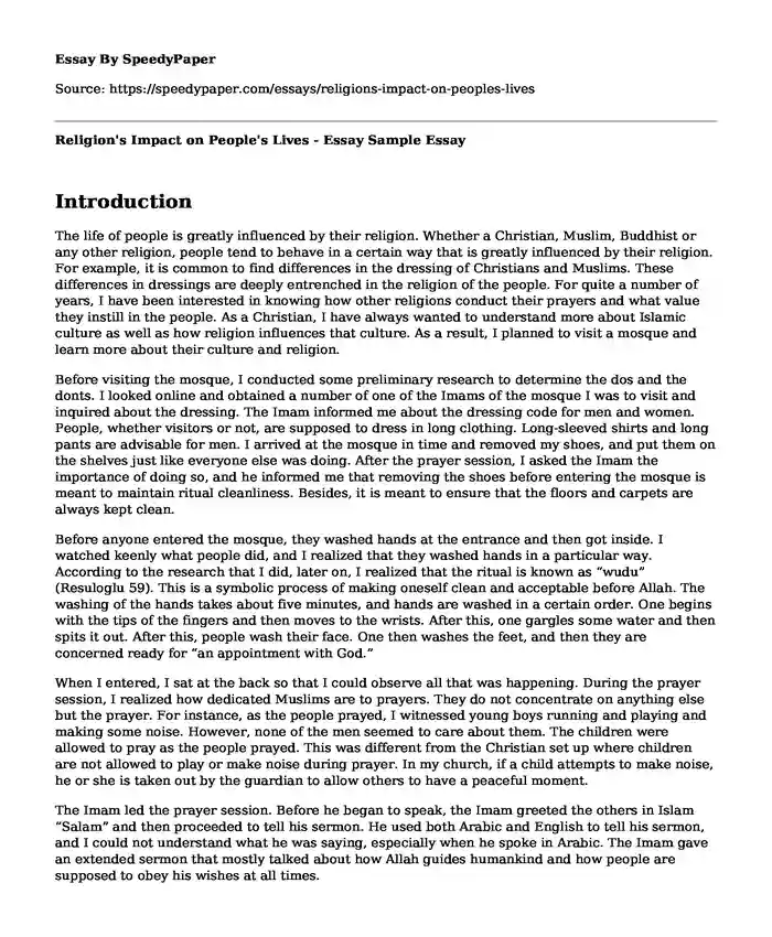 Religion's Impact on People's Lives - Essay Sample