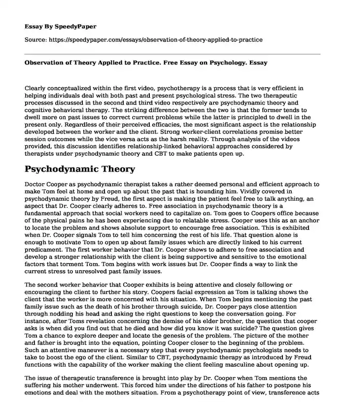 Observation of Theory Applied to Practice. Free Essay on Psychology.