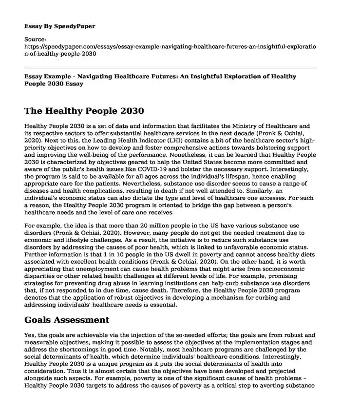 Essay Example - Navigating Healthcare Futures: An Insightful Exploration of Healthy People 2030
