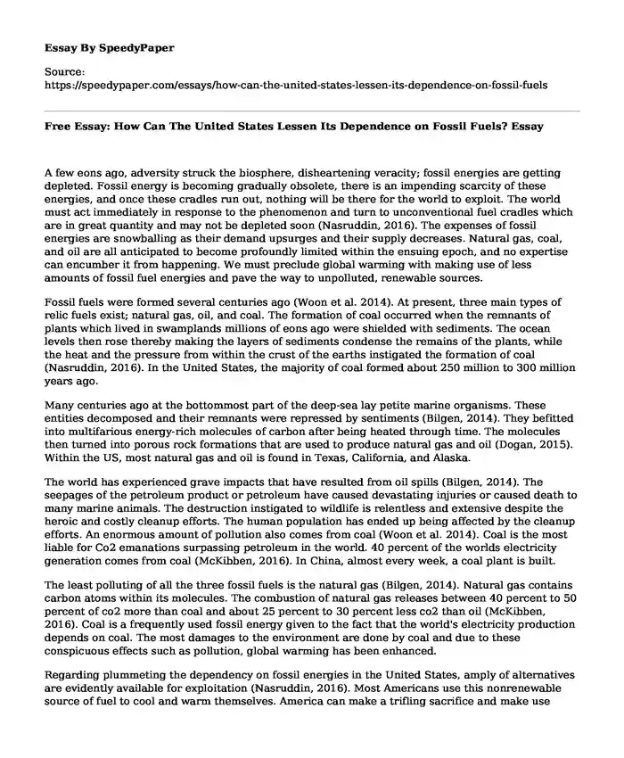 Free Essay: How Can The United States Lessen Its Dependence on Fossil Fuels?