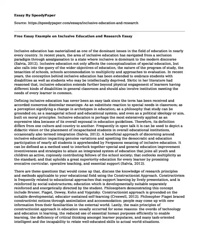 Free Essay Example on Inclusive Education and Research