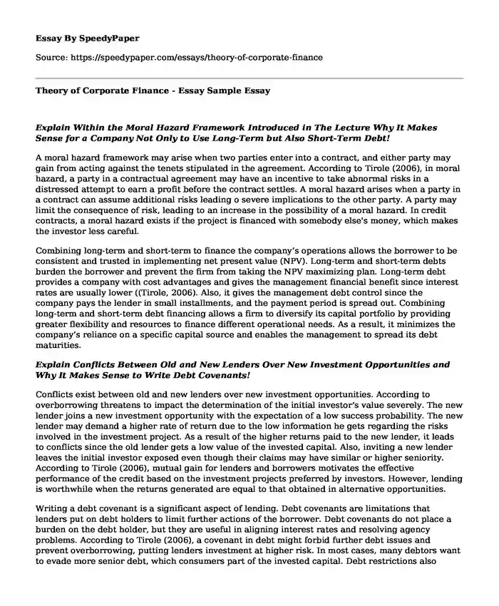Theory of Corporate Finance - Essay Sample