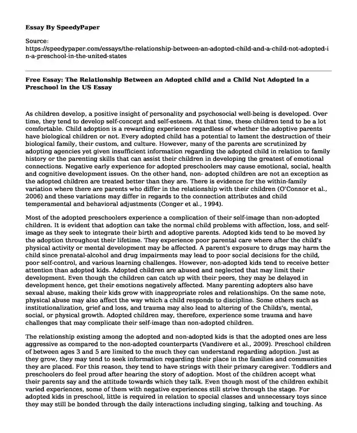 Free Essay: The Relationship Between an Adopted child and a Child Not Adopted in a Preschool in the US