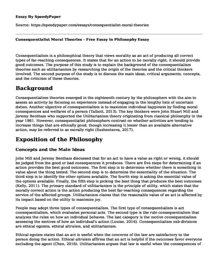 Consequentialist Moral Theories - Free Essay in Philosophy