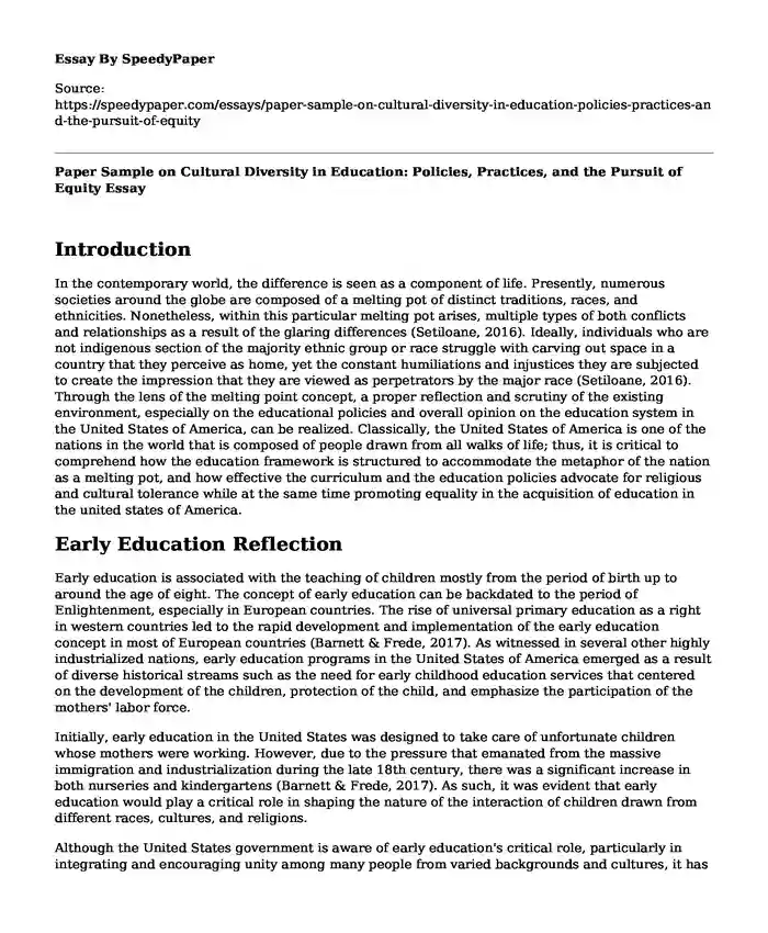 Paper Sample on Cultural Diversity in Education: Policies, Practices, and the Pursuit of Equity