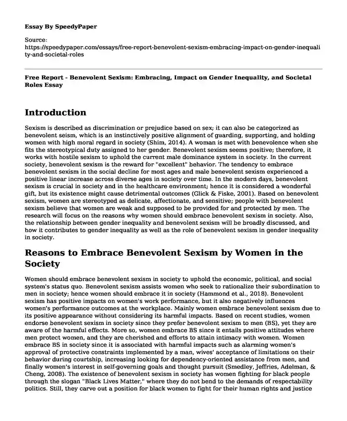 Free Report - Benevolent Sexism: Embracing, Impact on Gender Inequality, and Societal Roles