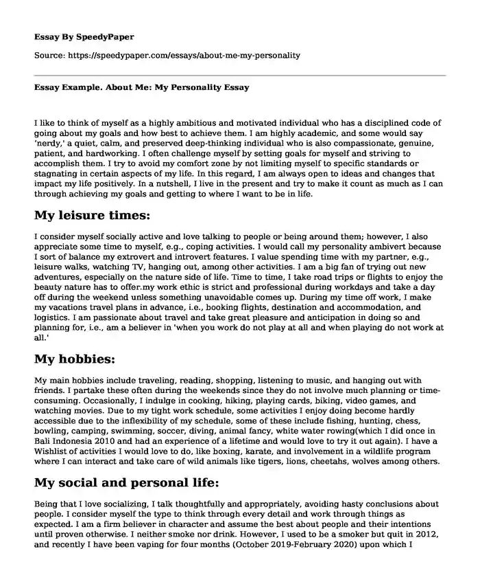 Essay Example. About Me: My Personality