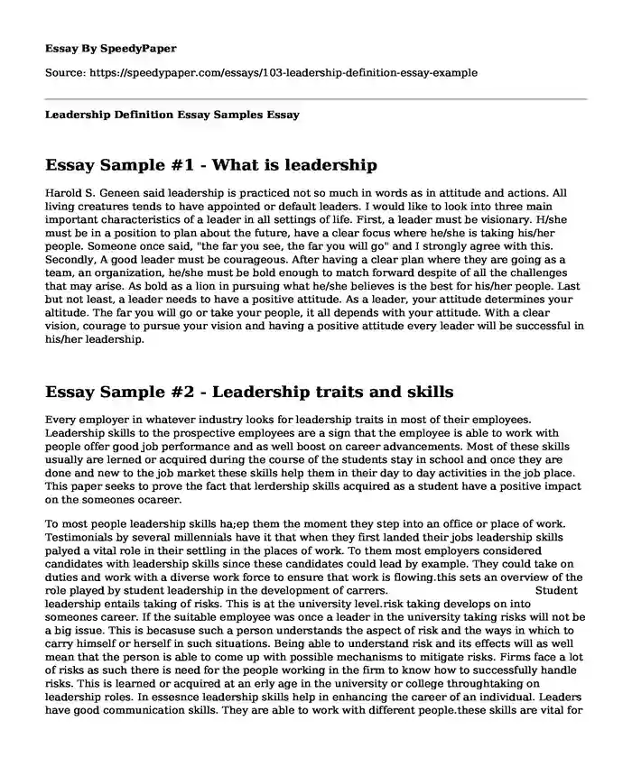 Leadership Definition Essay Samples