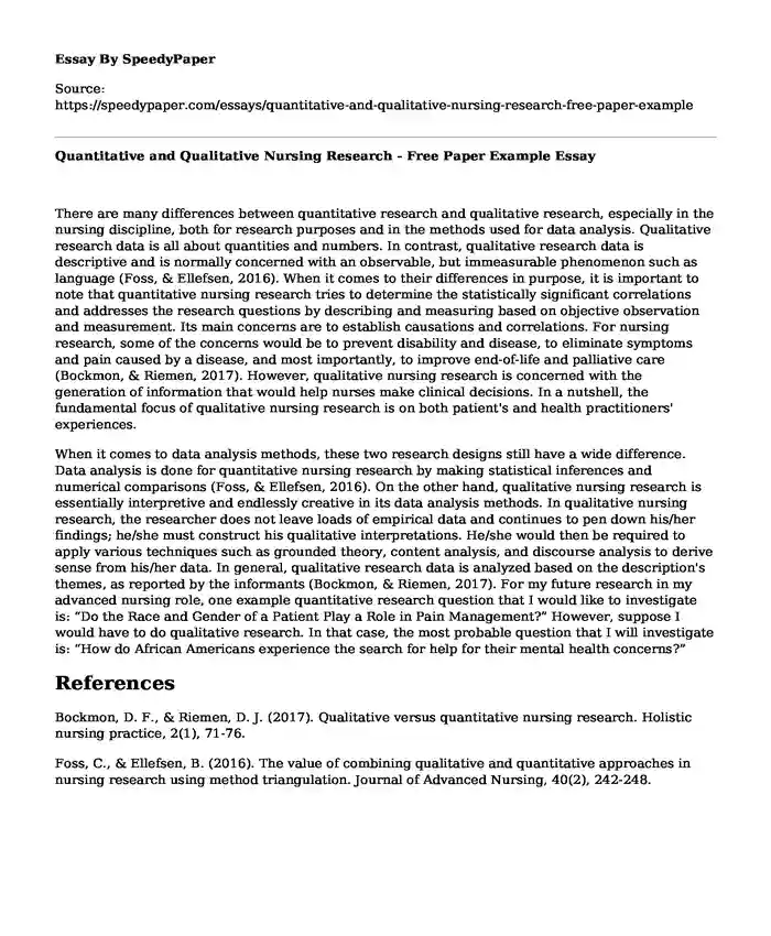 Quantitative and Qualitative Nursing Research - Free Paper Example