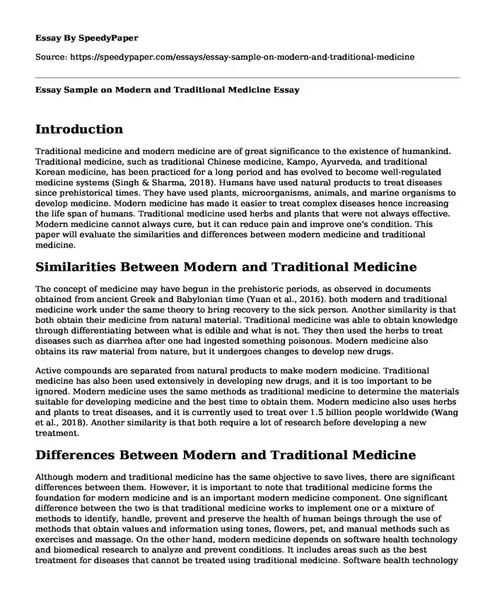 Essay Sample on Modern and Traditional Medicine