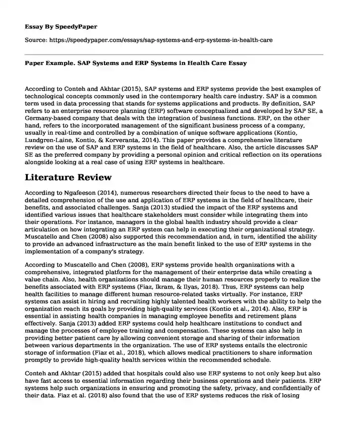 Paper Example. SAP Systems and ERP Systems in Health Care