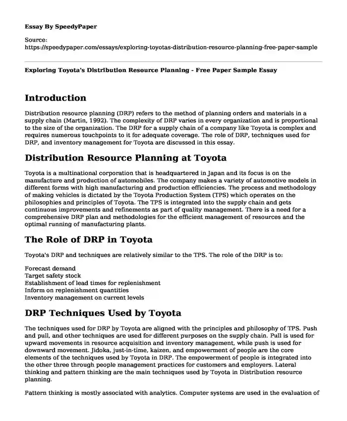 Exploring Toyota's Distribution Resource Planning - Free Paper Sample