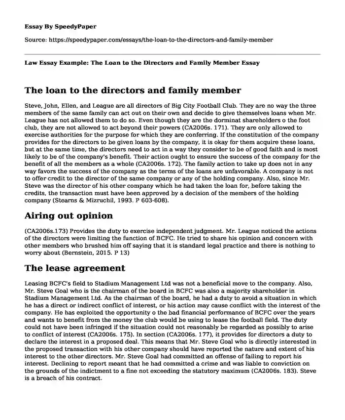 Law Essay Example: The Loan to the Directors and Family Member