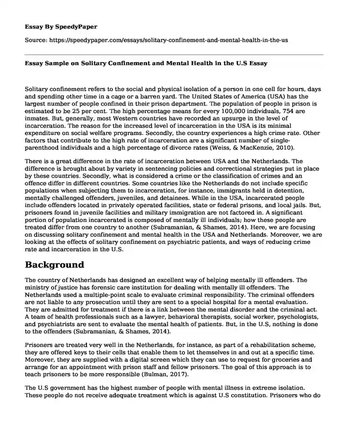 Essay Sample on Solitary Confinement and Mental Health in the U.S