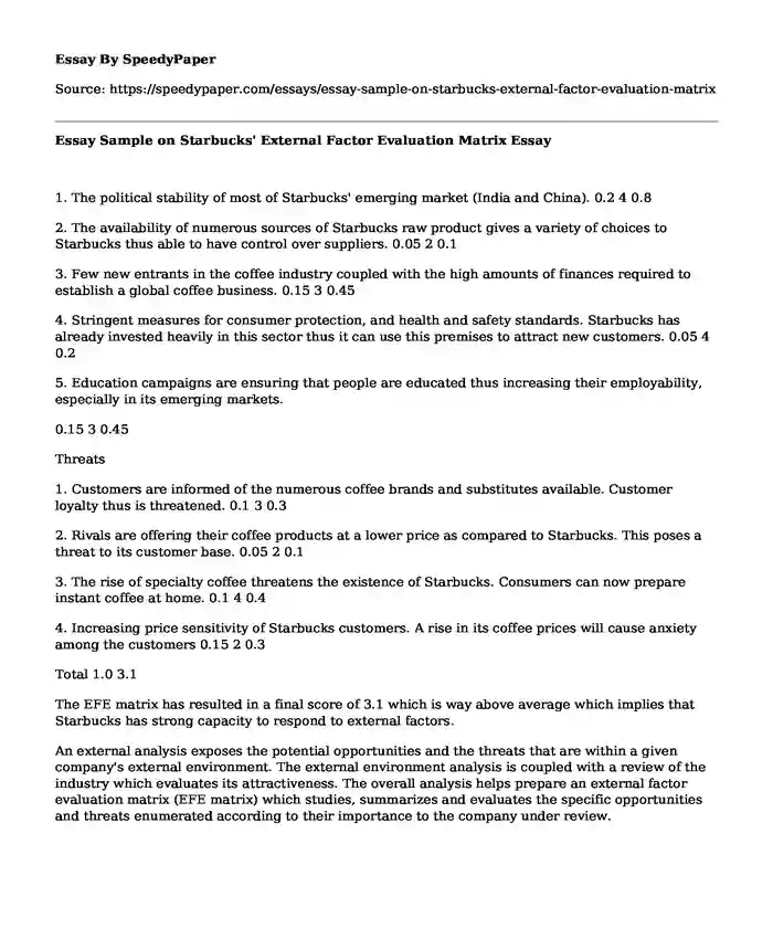 Essay Sample on Starbucks' External Factor Evaluation Matrix