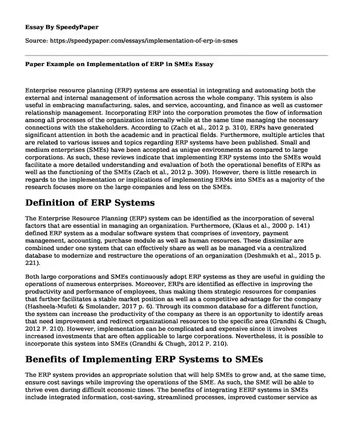 Paper Example on Implementation of ERP in SMEs